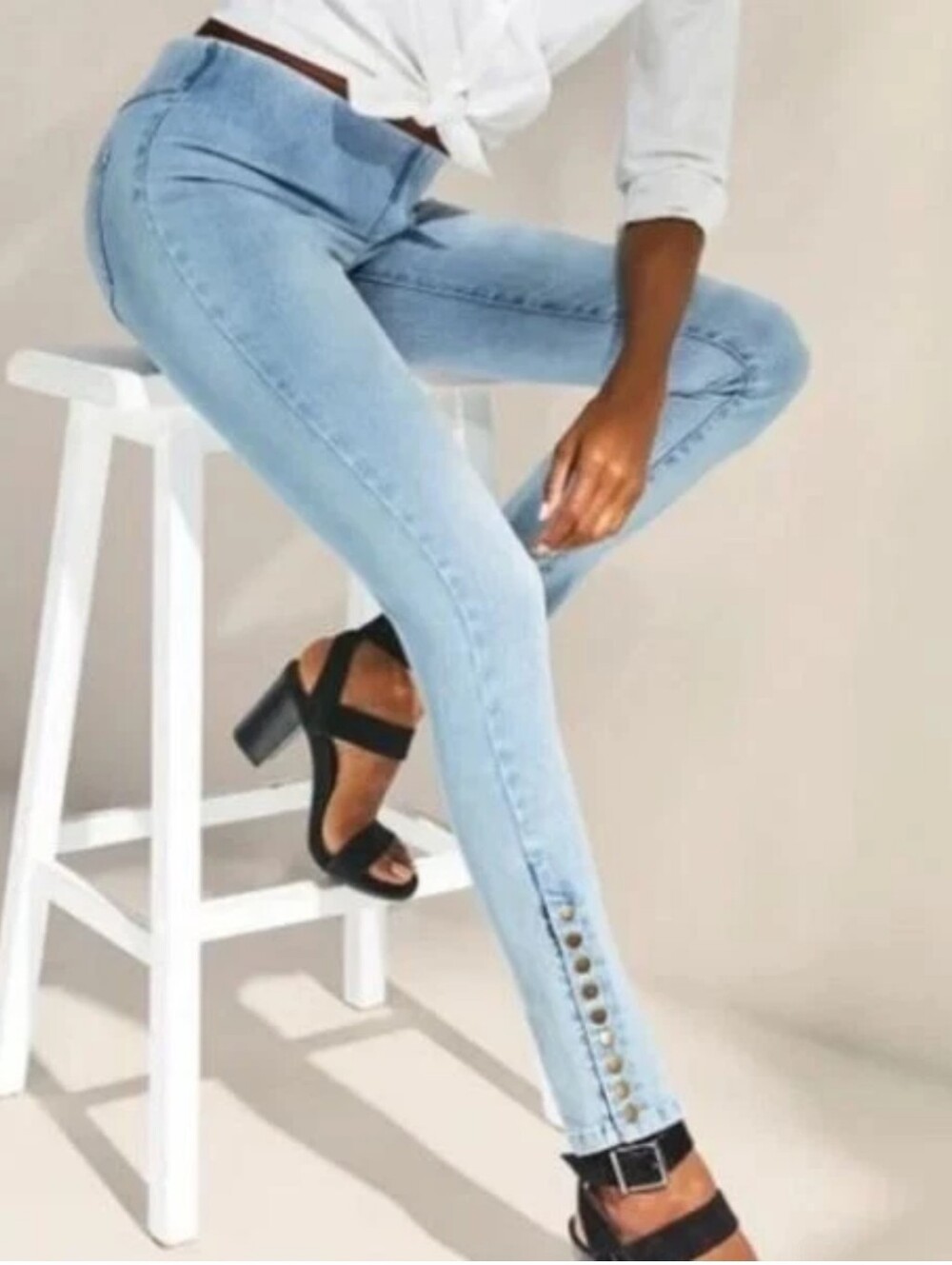 Soft Surroundings Light Blue High-Rise Skinny Jeans with Button Cuff Size M